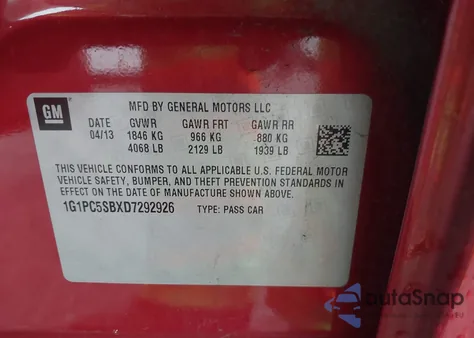 2013 Chevrolet Cruze 1Lt Auto from USA, damaged, VIN 1G1PC5SBXD7292926